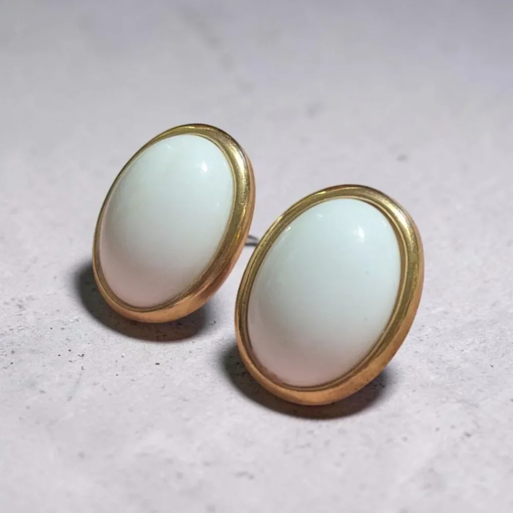 TRIFARI White Cabochon Oval Stud Earrings, Vintage Signed Minimalist Jewelry